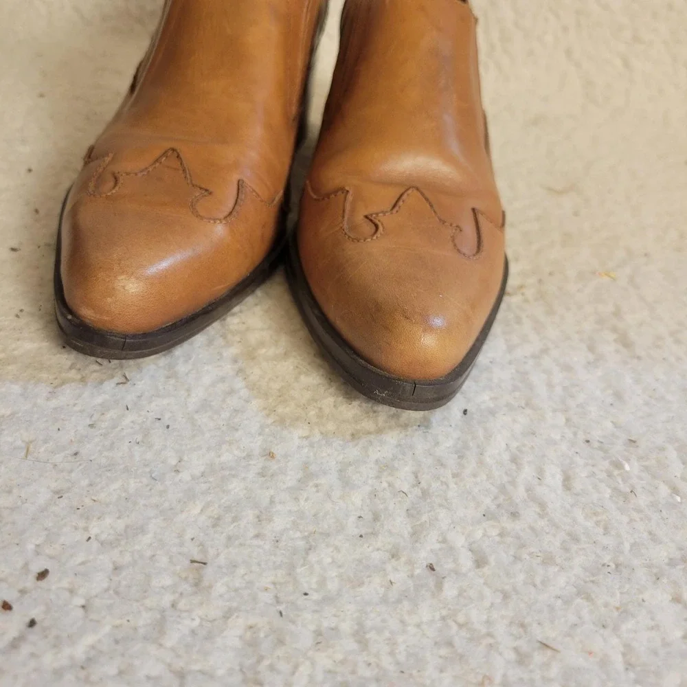 Markon Tan Leather‎ Western Booties Pointed Toe Stacked Block Heel Size 8